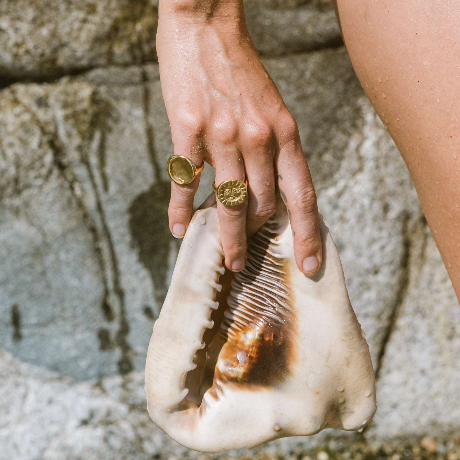woman holding seashell with recycled gold moon ring and sun ring. photo by @oliviavandyke