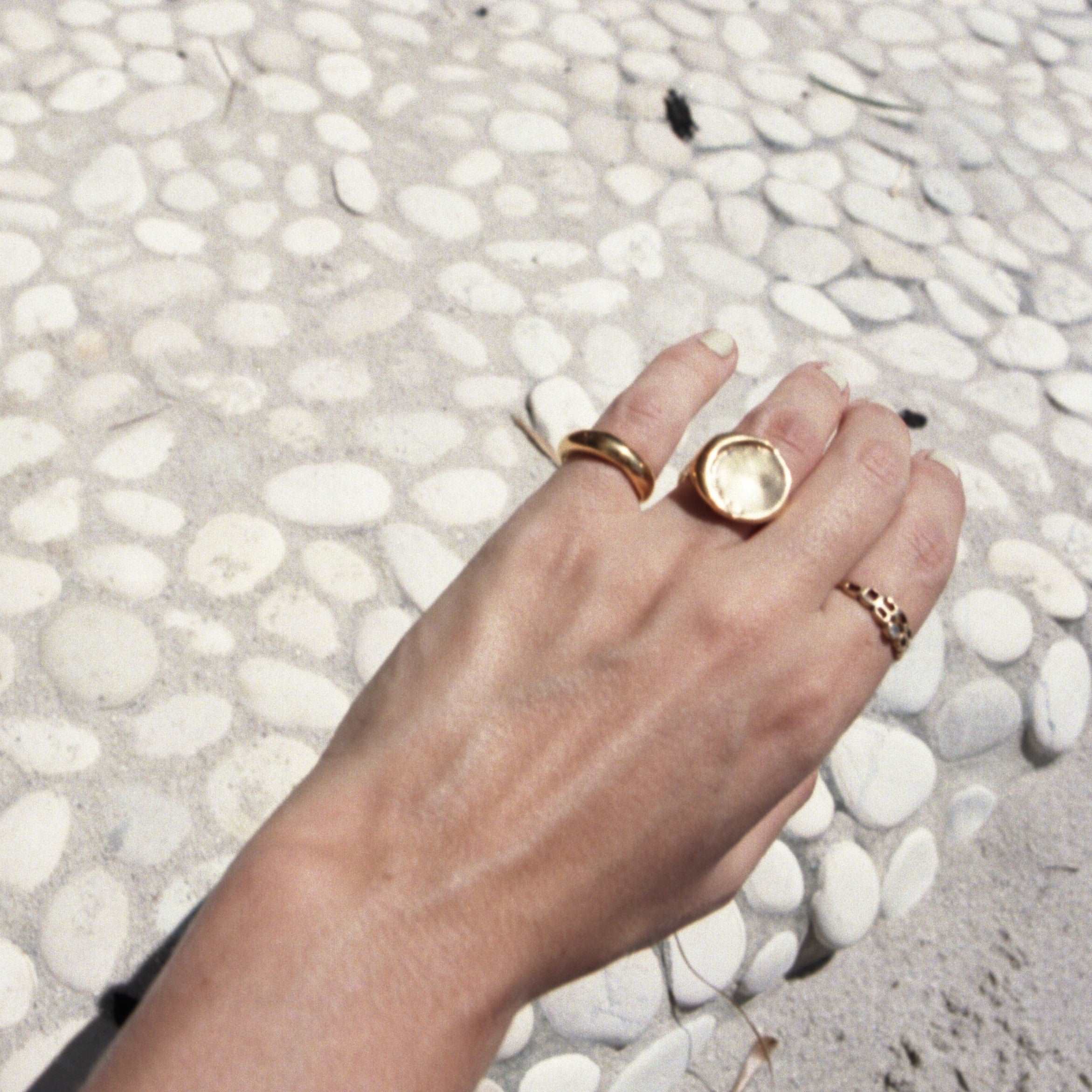 recycled gold moon ring paired with recycled gold pinky ring