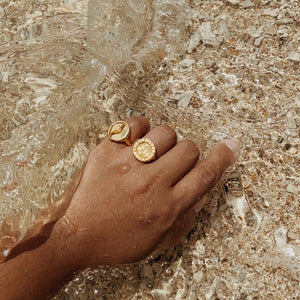 @viancasoleil wearing the gold sun ring paired with the moon ring